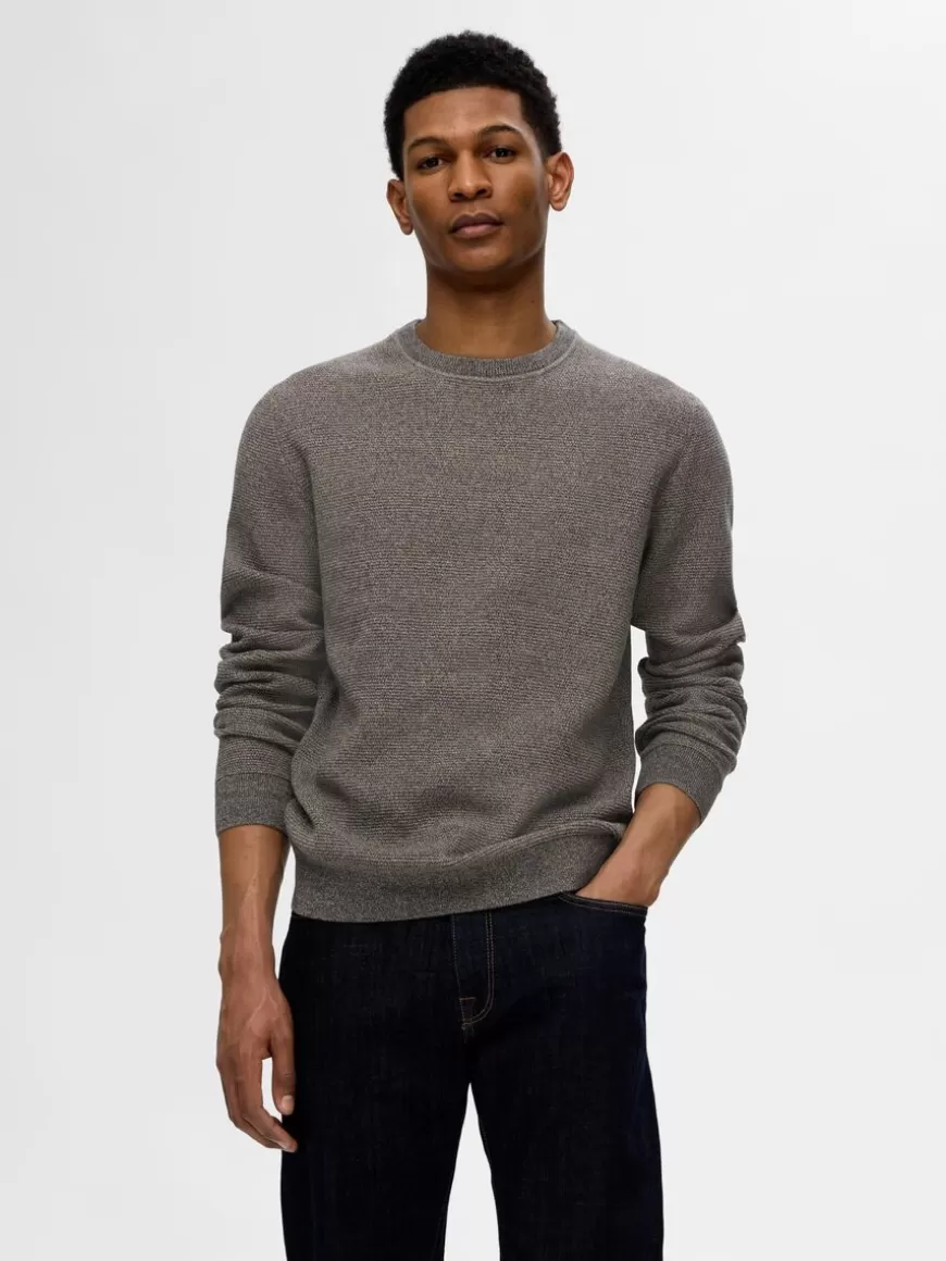 SELECTED 100 % BOMULL CREW NECK-GENSER Grey Outlet