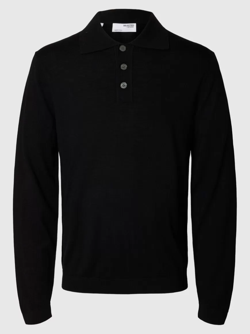 SELECTED 100 % MERINOULL STRIKKET POLOSKJORTE Black Outlet