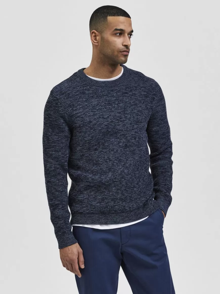 SELECTED CREW NECK STRIKKET PULLOVER Blue New