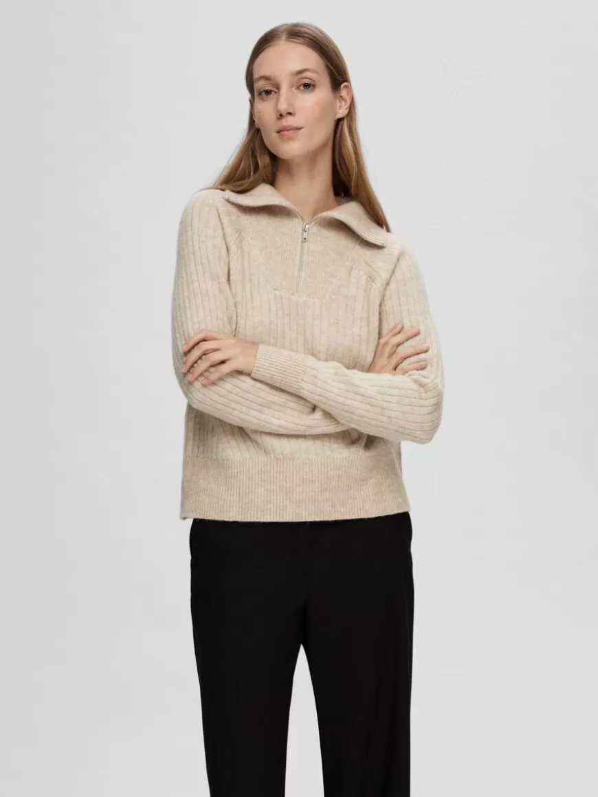 SELECTED HALV GLIDELÅS GENSER Beige Shop