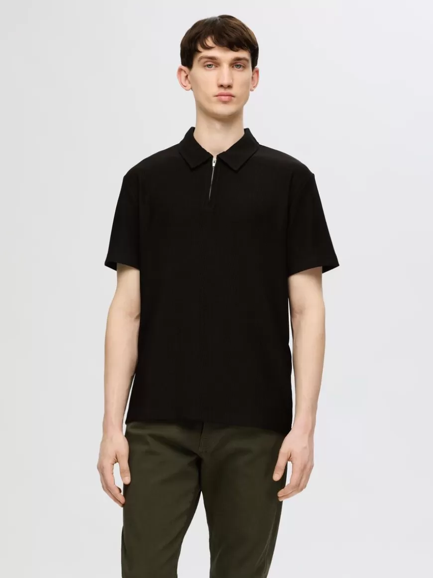 SELECTED HALV GLIDELÅS PLISSÉ POLOSKJORTE Black Fashion