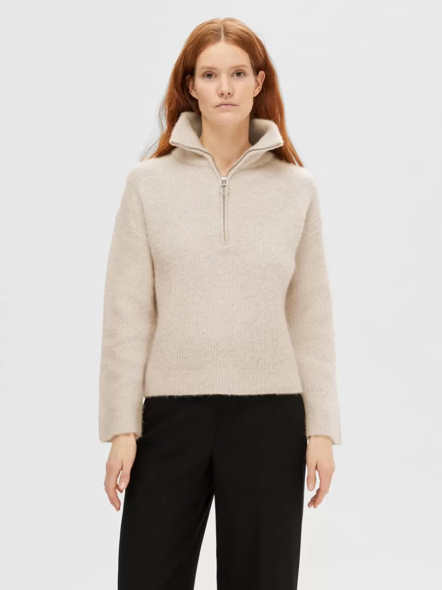 SELECTED HALV GLIDELÅS PULLOVER Beige Clearance