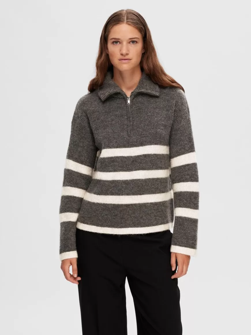 SELECTED HALV GLIDELÅS PULLOVER Grey Sale