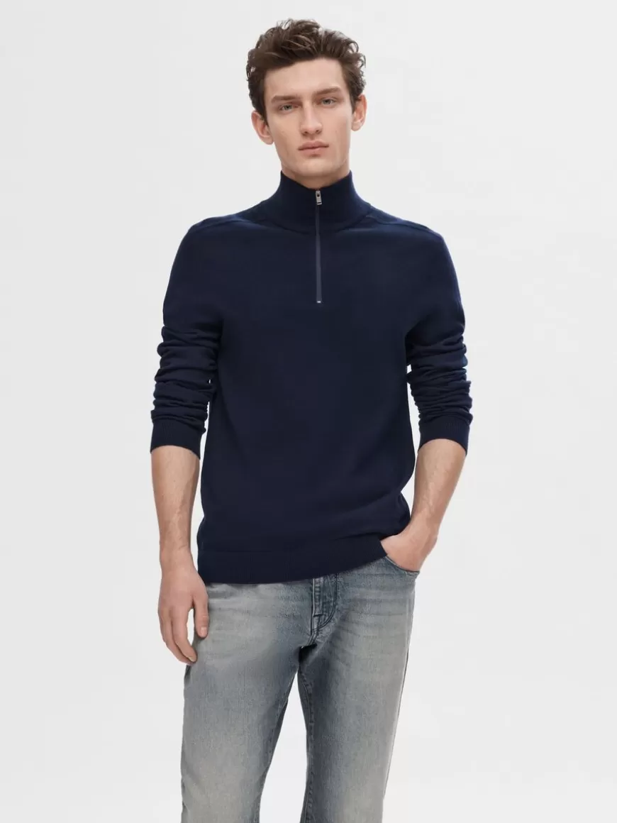 SELECTED HALV GLIDELÅS STRIKKET PULLOVER Blue Shop