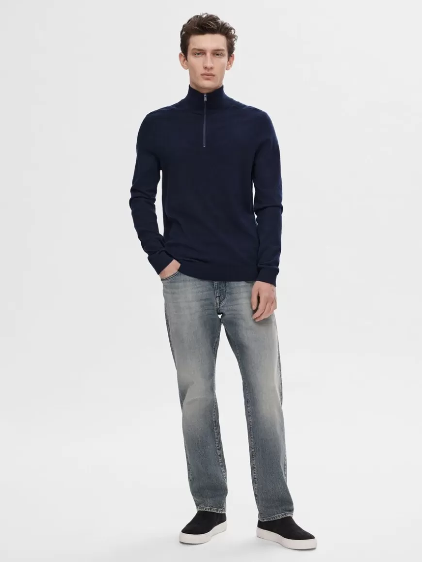 SELECTED HALV GLIDELÅS STRIKKET PULLOVER Blue Shop