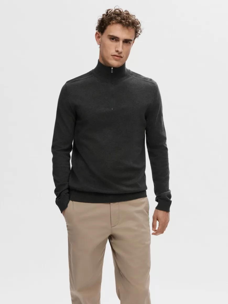 SELECTED HALV GLIDELÅS STRIKKET PULLOVER Grey Clearance