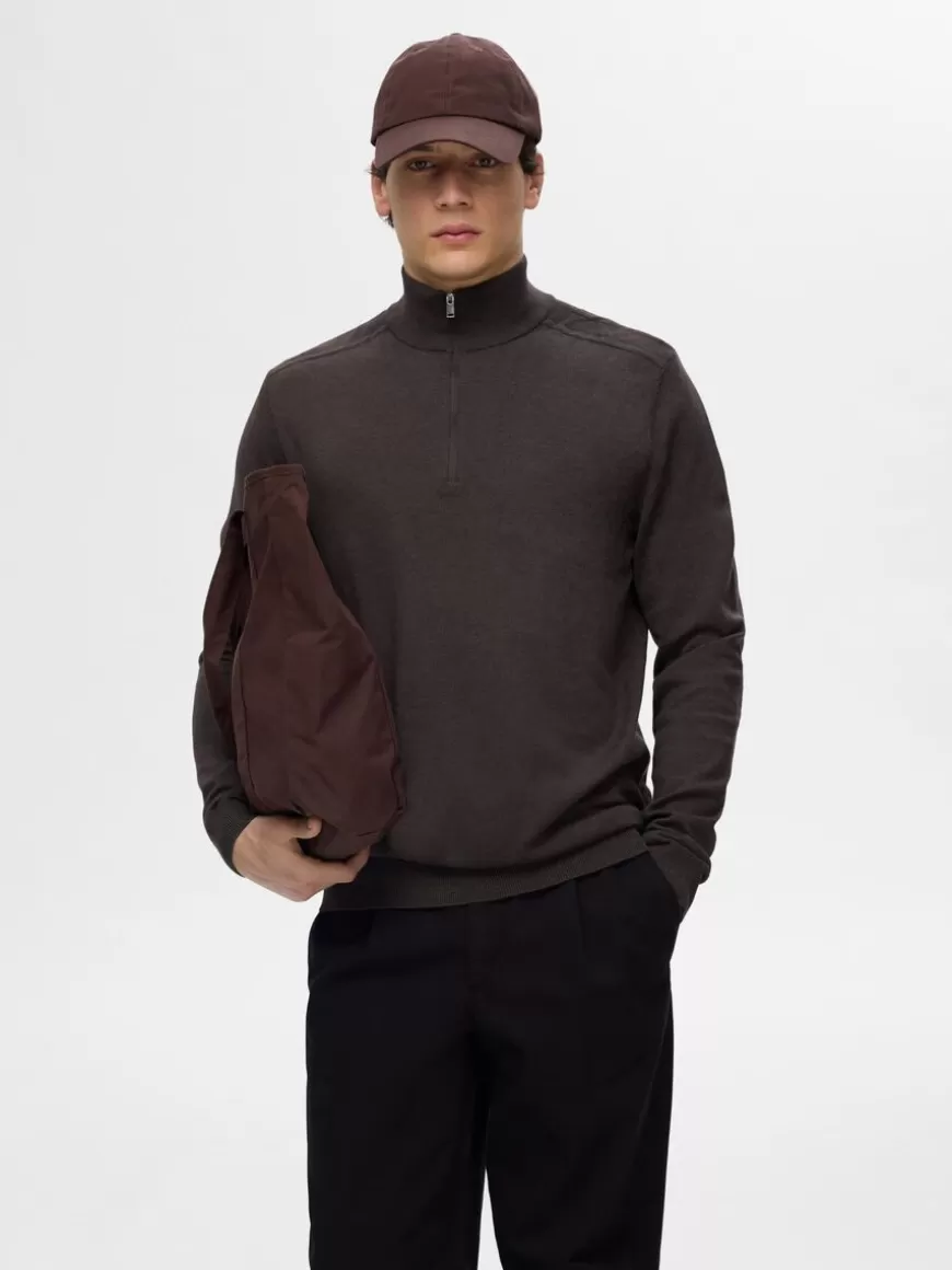 SELECTED HALV GLIDELÅS STRIKKET PULLOVER Brown Store