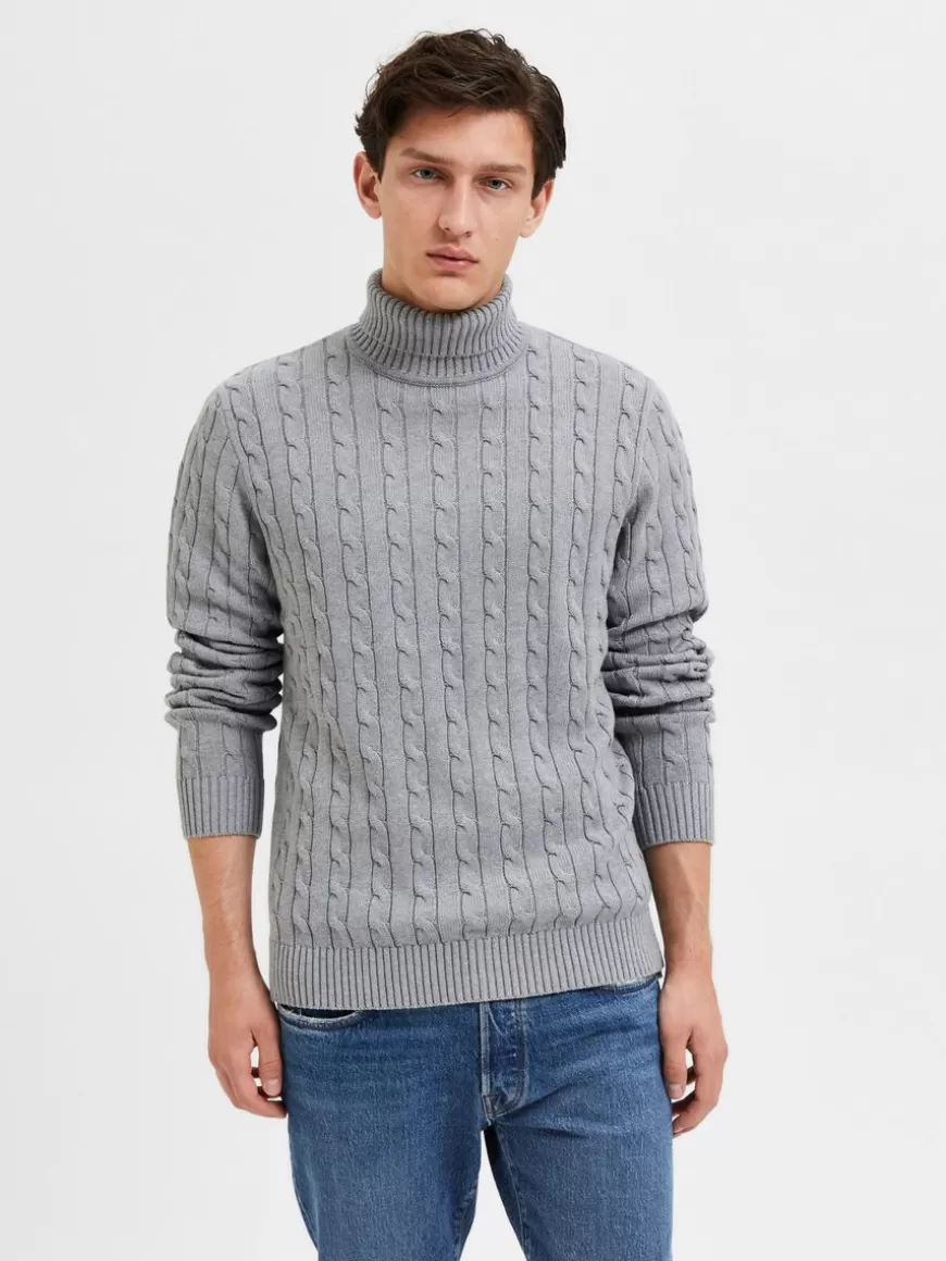 SELECTED KABELSTRIKK PULLOVER Grey Sale