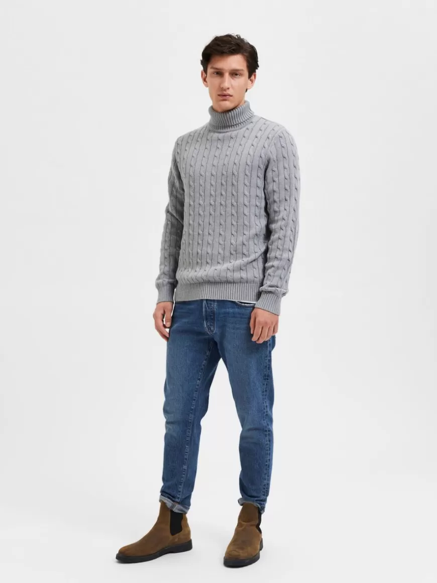 SELECTED KABELSTRIKK PULLOVER Grey Sale