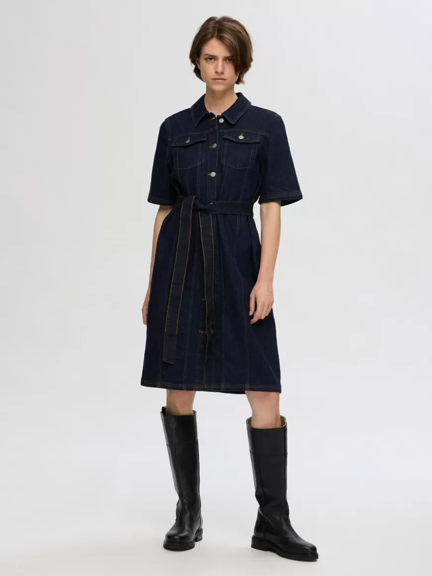 SELECTED KORTERMET DENIMKJOLE Blue Cheap