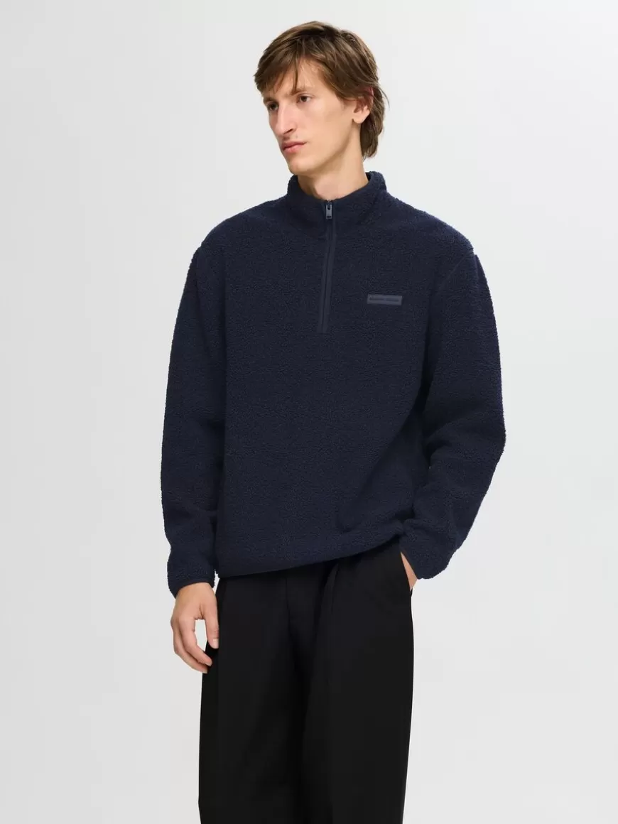 SELECTED LANGERMET FLEECE MED HALV GLIDELÅS Blue Outlet