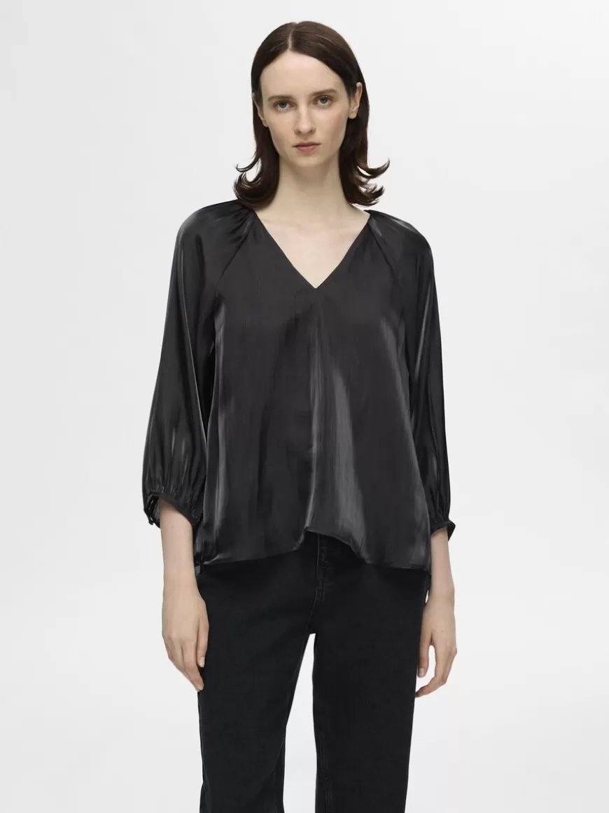 SELECTED METALLISK V-HALS-BLUSE Black Cheap