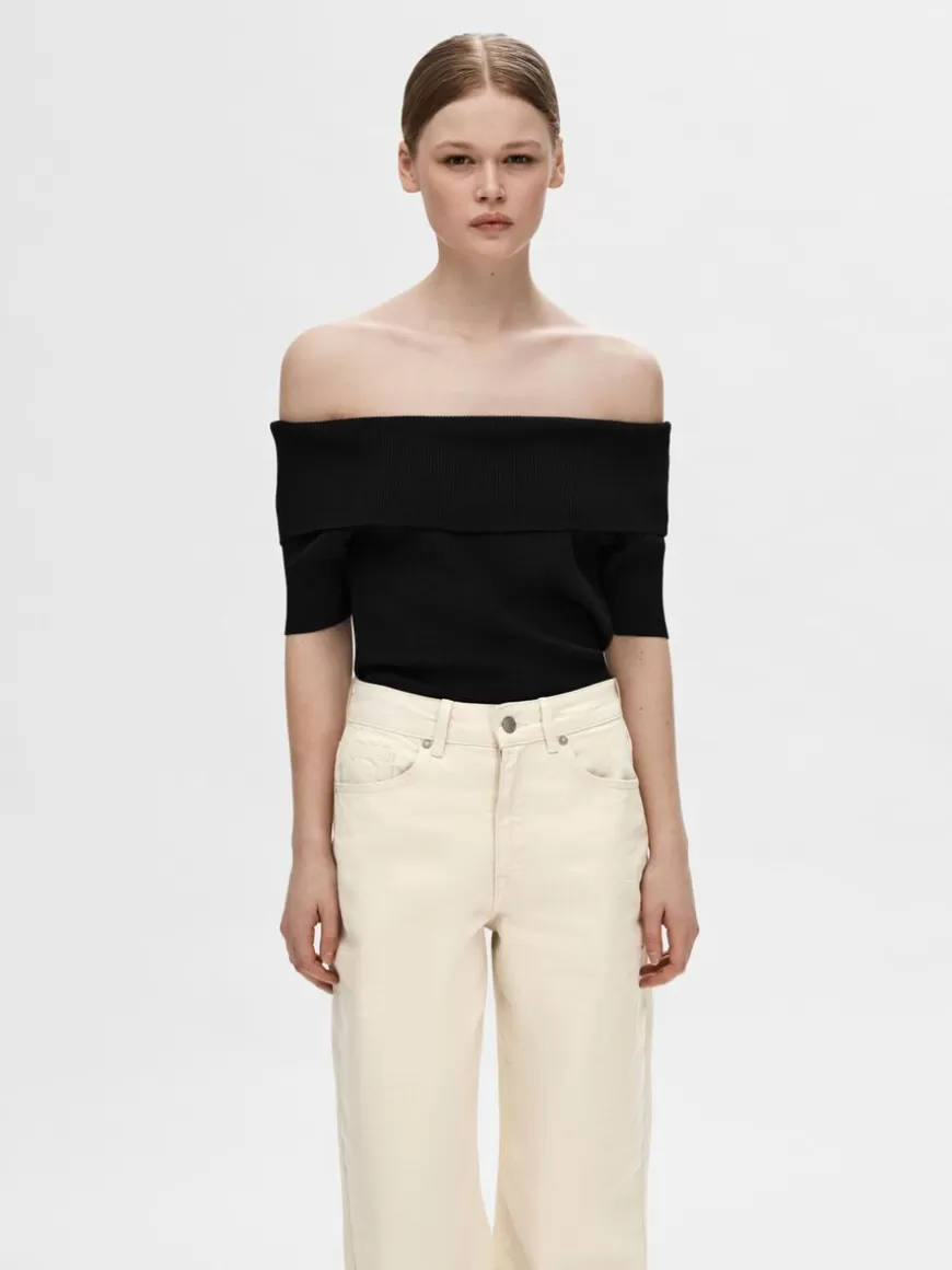 SELECTED OFF-SHOULDER STRIKKET TOPP Black Cheap