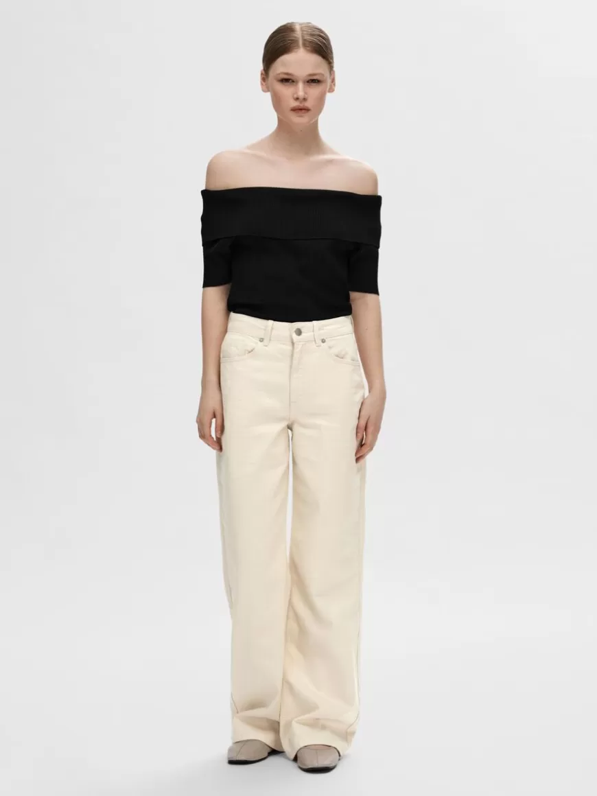 SELECTED OFF-SHOULDER STRIKKET TOPP Black Cheap