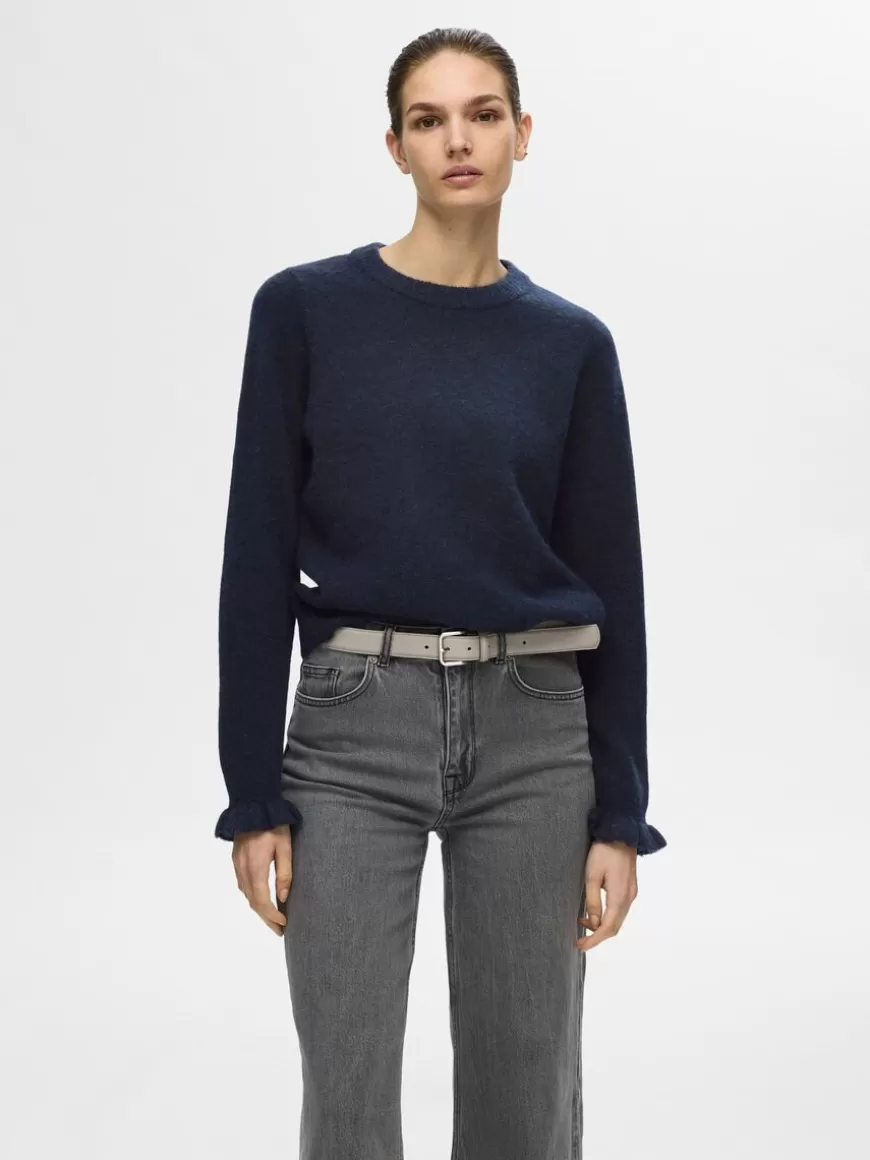 SELECTED RYSJEDE ERMER STRIKKET PULLOVER Blue Discount