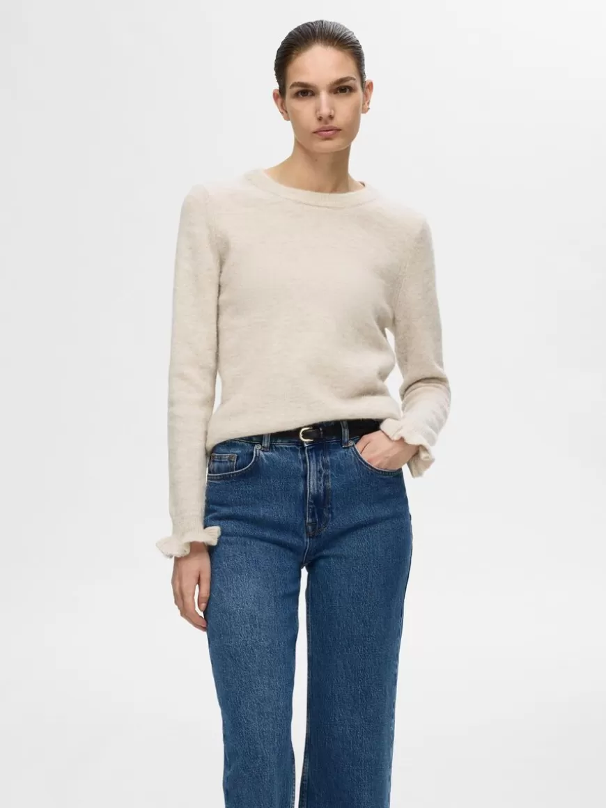 SELECTED RYSJEDE ERMER STRIKKET PULLOVER Beige Online