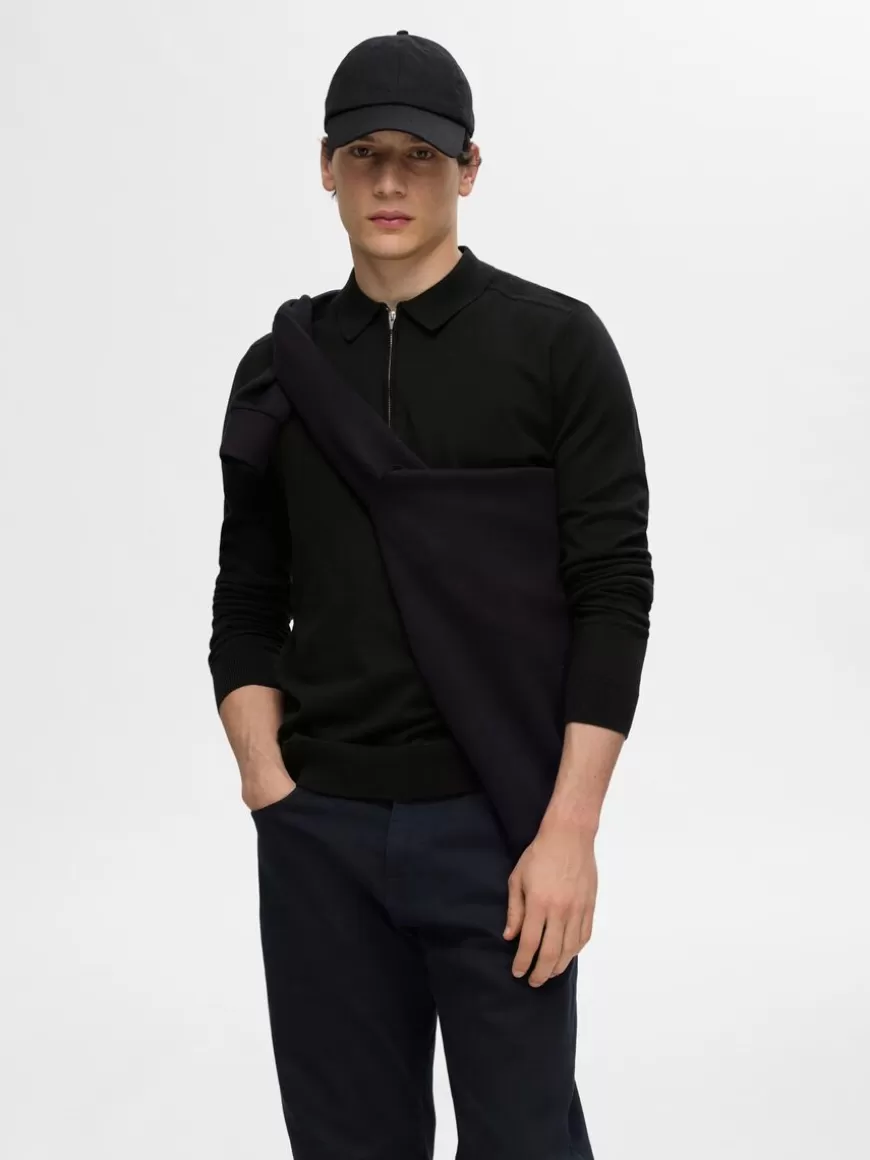 SELECTED STRIKKET LANGERMET POLO Black Hot