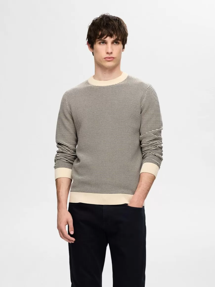 SELECTED STRIPETE GENSER MED RUND HALS STRIKKET PULLOVER Beige Online