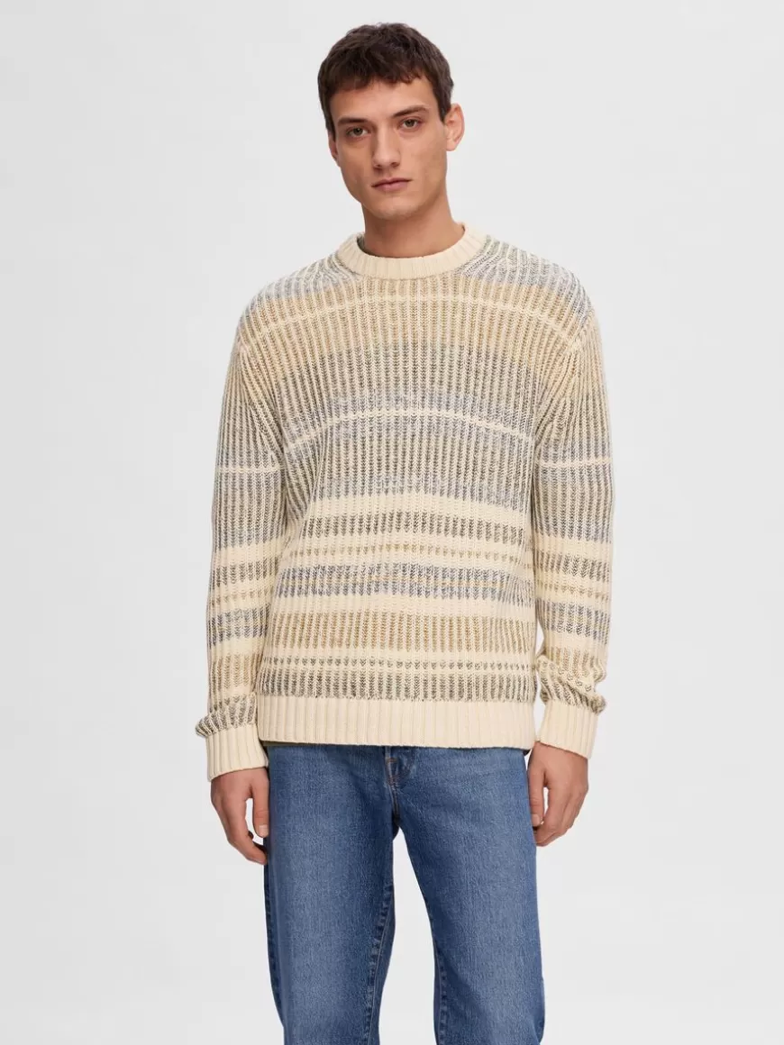 SELECTED STRIPETE STRIKKET PULLOVER Beige Clearance