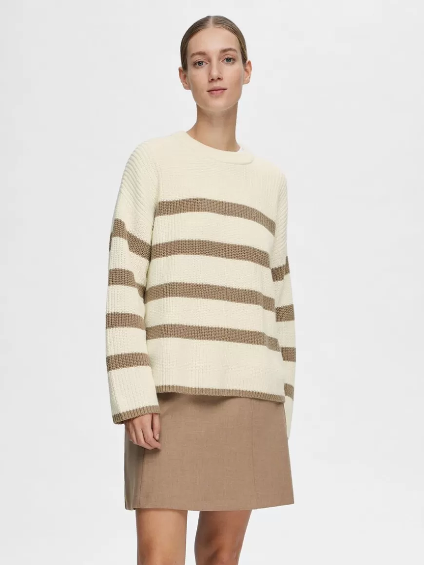 SELECTED STRIPETE STRIKKET PULLOVER Beige New