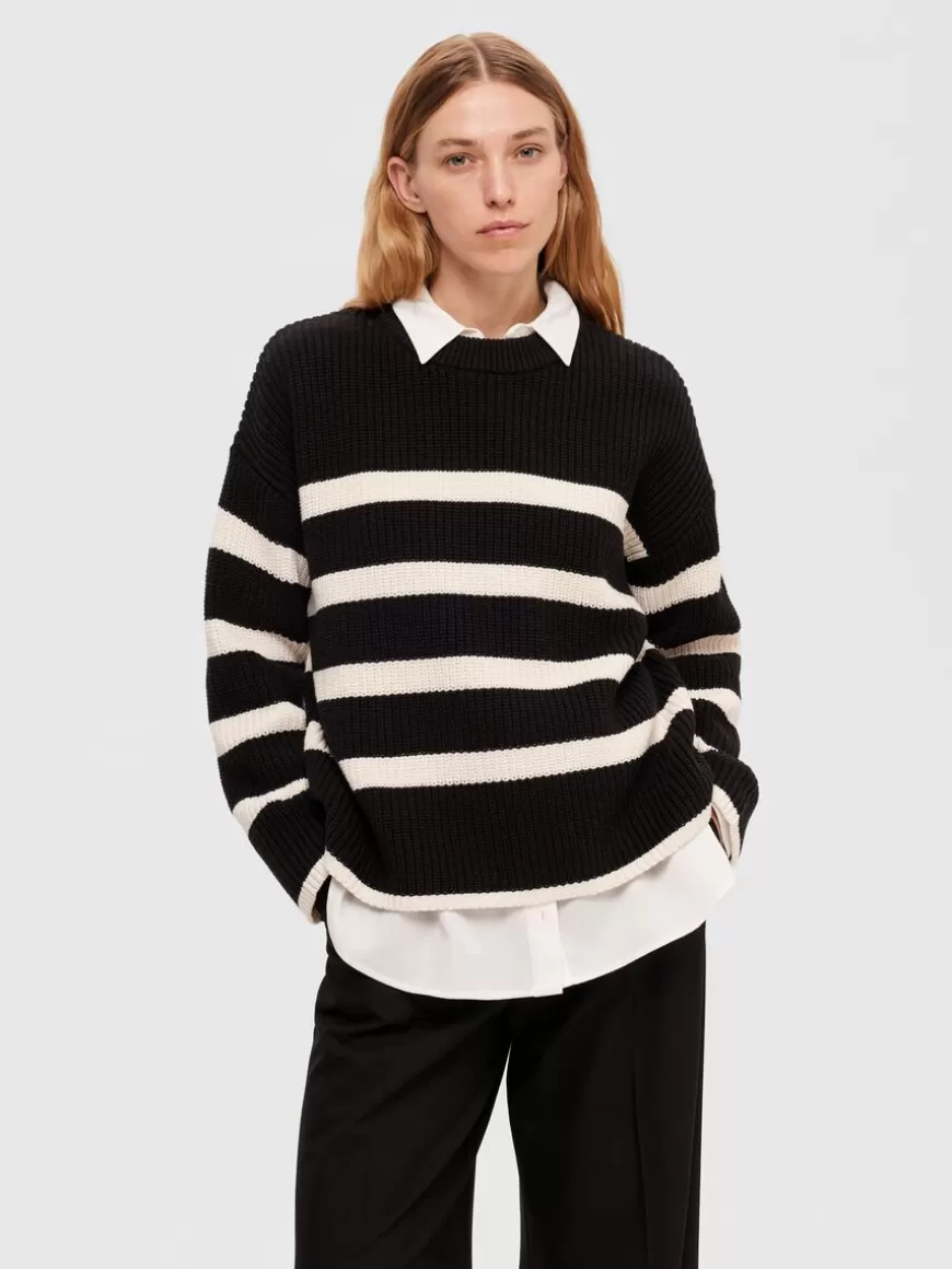 SELECTED STRIPETE STRIKKET PULLOVER Black Cheap