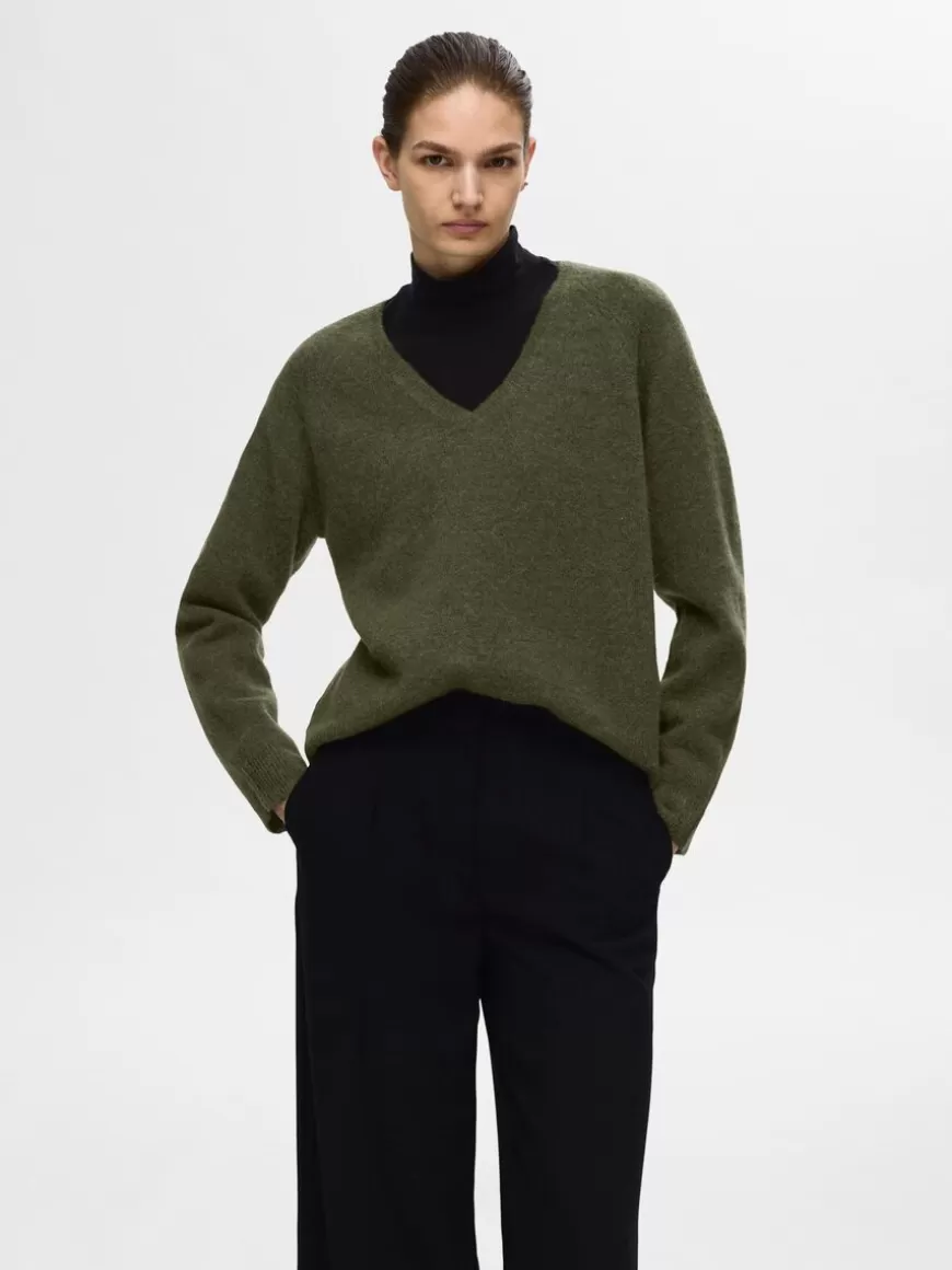 SELECTED V-HALS STRIKKET PULLOVER Green Sale