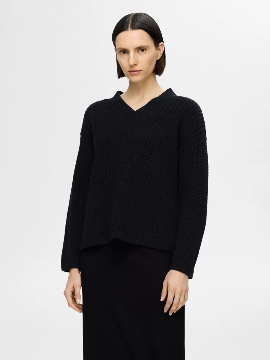 SELECTED V-HALS STRIKKET PULLOVER Black Cheap